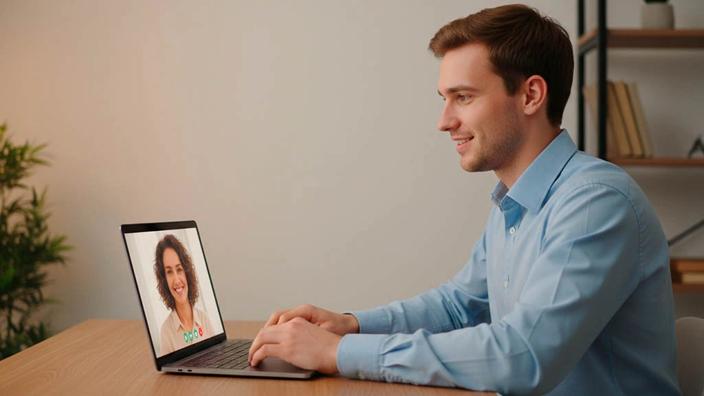 Confident man flirting on a webcam call with relaxed body language