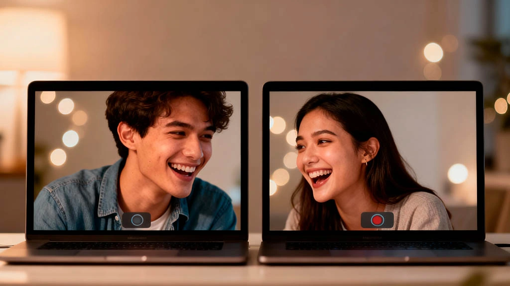 Playful video date with two people laughing together on a webcam call