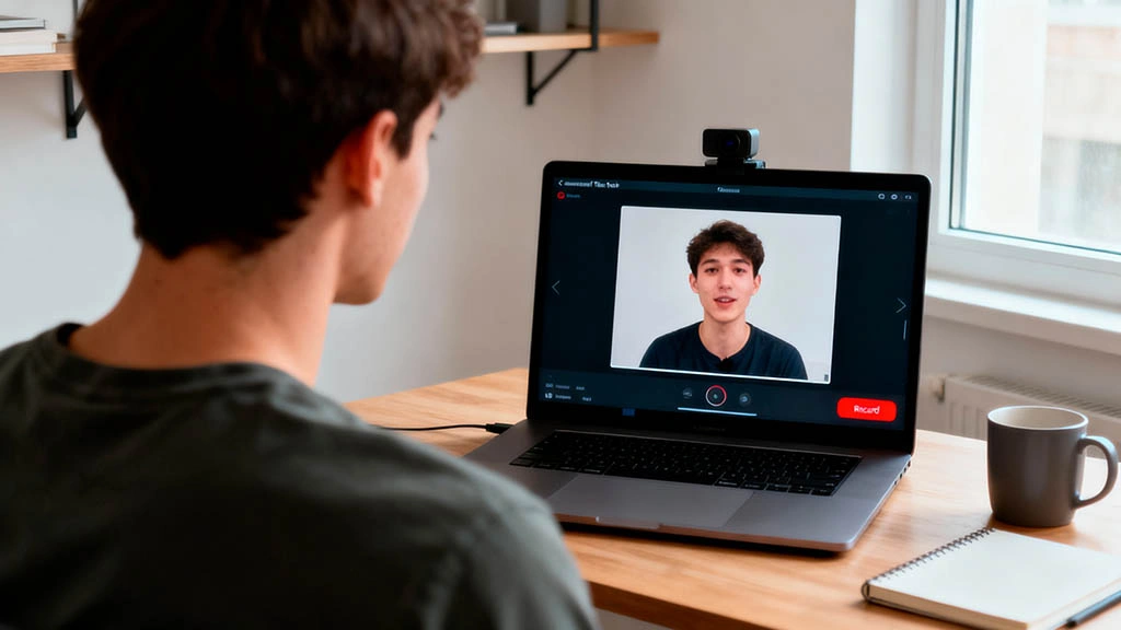 Practicing camera confidence with low-pressure test videos Man recording a short test video on his laptop to practice camera confidence