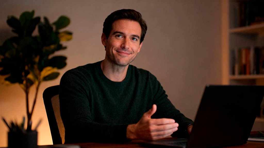 Feeling relaxed and confident on a webcam date Confident man smiling during a webcam video call at home