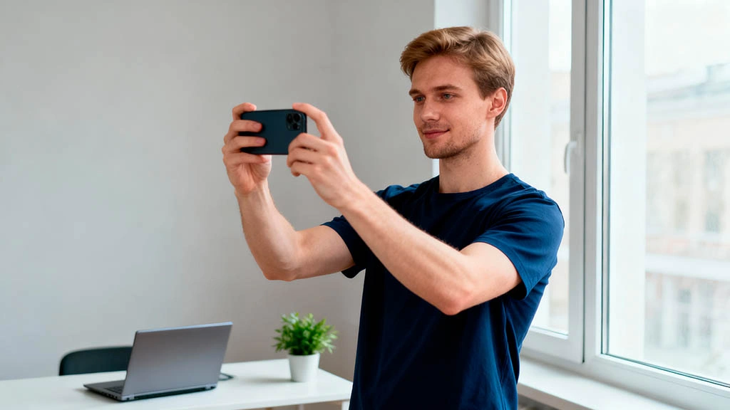 Man adjusting lighting and framing for a better dating profile photo