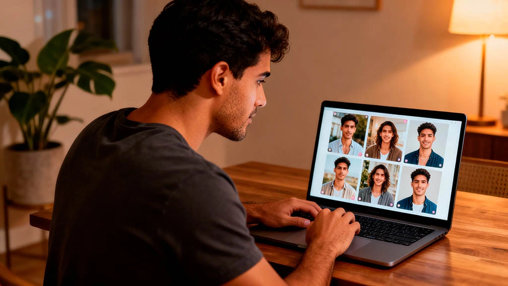 Man reviewing his dating profile photos on a laptop before updating CamDating