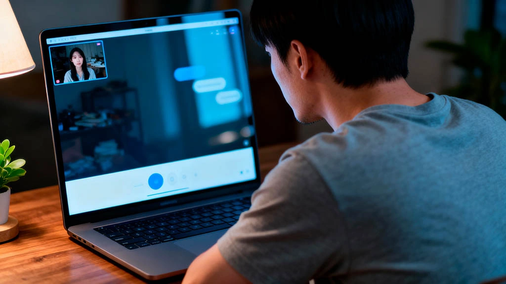 East Asian man leaning toward his laptop during a tense video date
