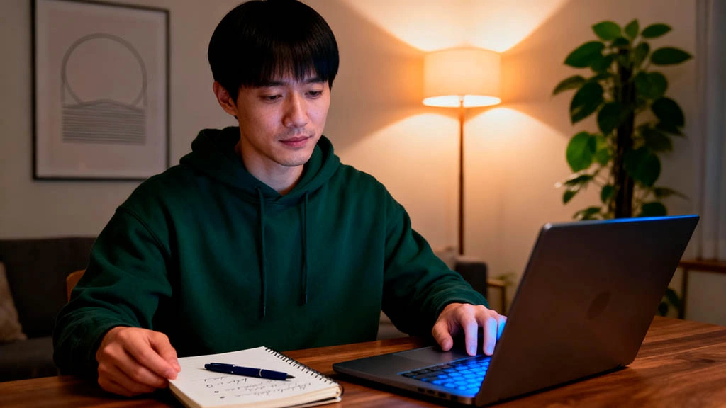 East Asian man writing down lessons after a bad video date