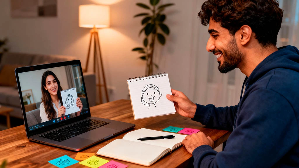 Middle Eastern man and woman playing a drawing game on a webcam date