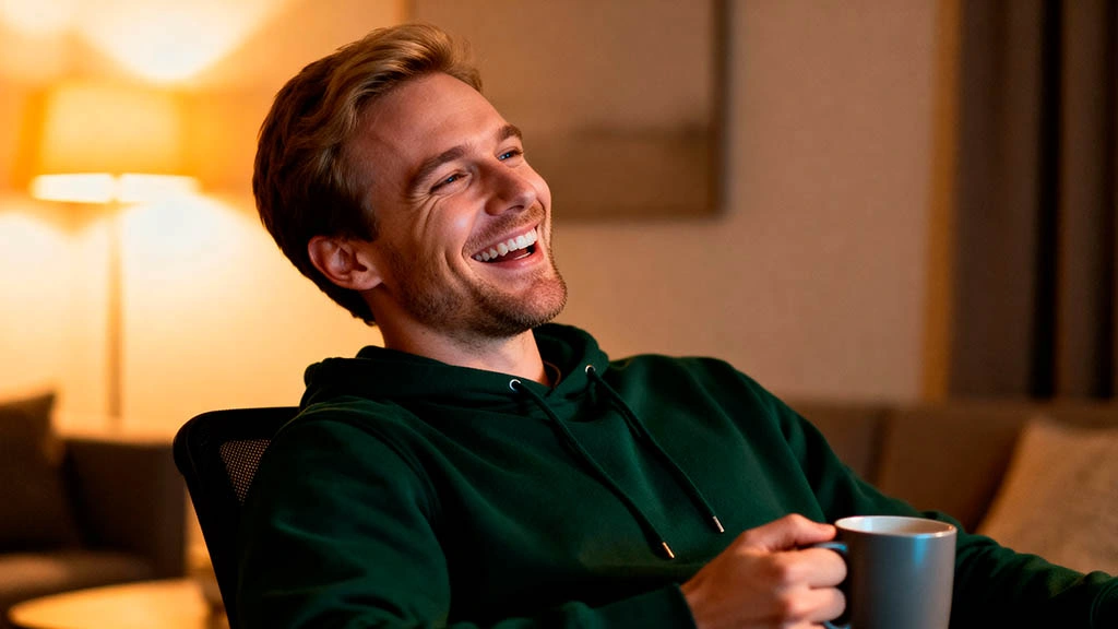 Relaxed flirty webcam date with the right questions Relaxed man laughing during a flirty webcam date after finding the right questions