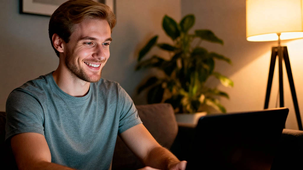 Confident man on a video date with good webcam lighting
