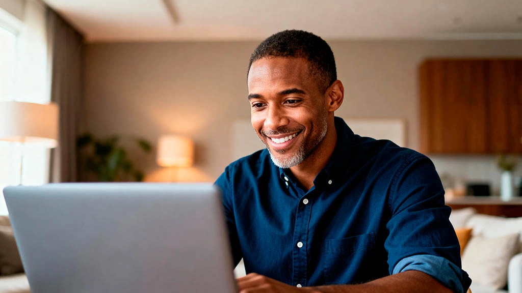 Confident man on a webcam date in a simple stylish outfit