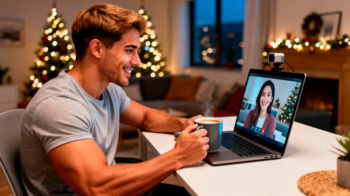 Man on a webcam date in a video chemistry dating story noticing that the chemistry feels off