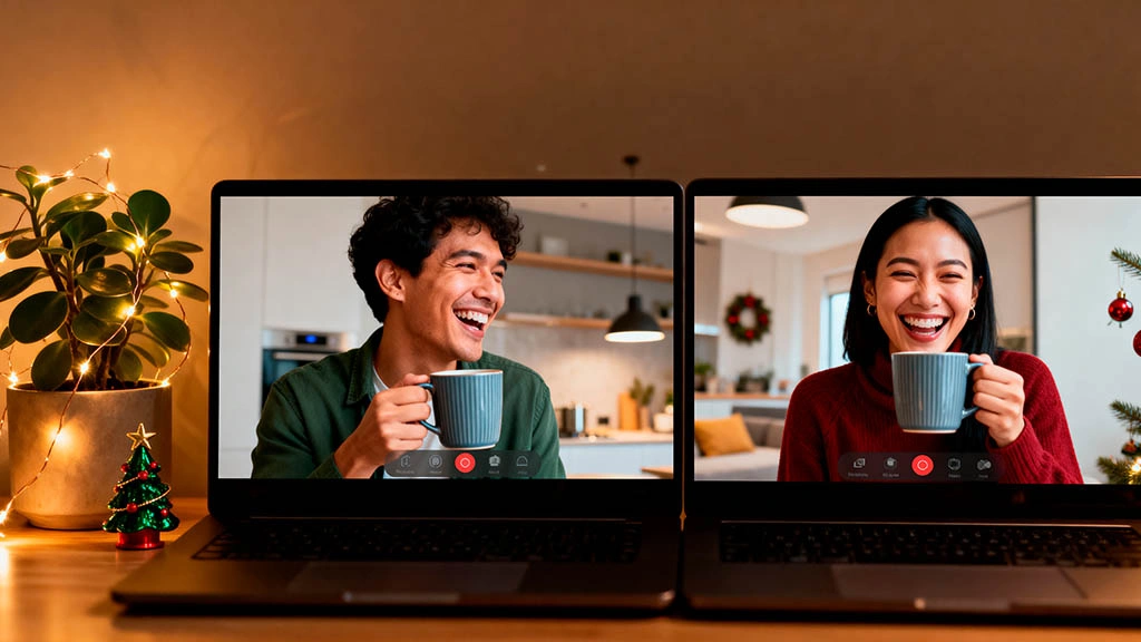 Couple on a cozy holiday webcam date sharing stories and hot drinks
