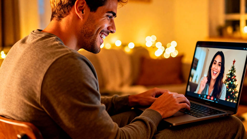 Two people laughing while playing a webcam holiday guessing game