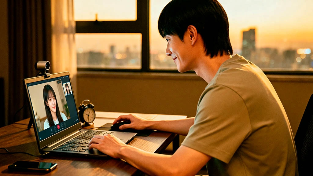 Man checking the time and gently wrapping up a webcam date