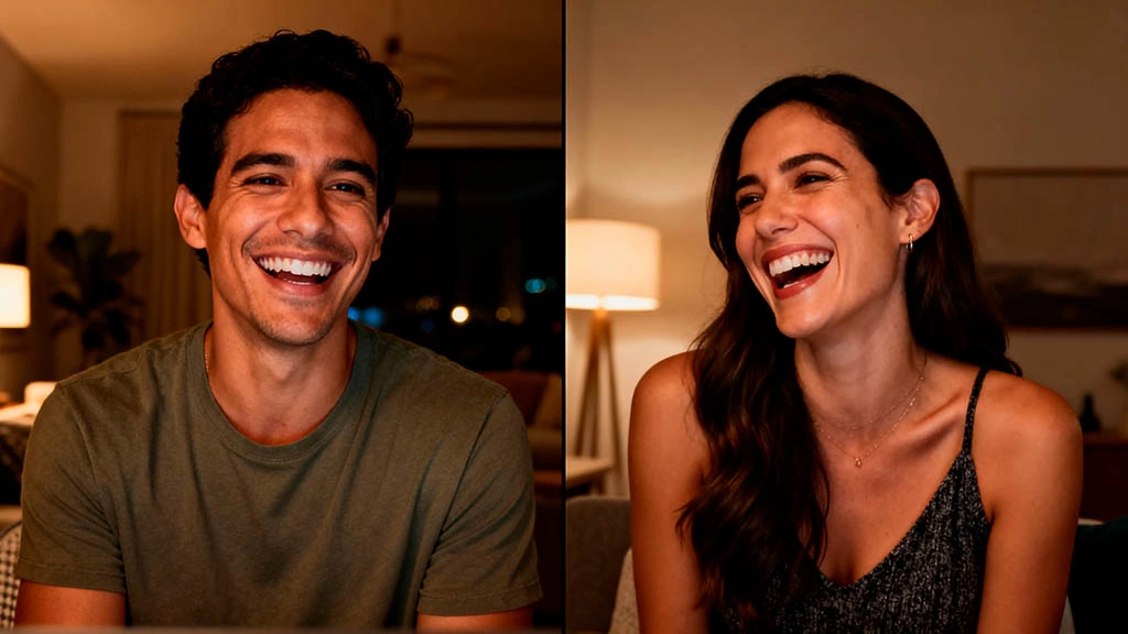 Man and woman laughing on a webcam date after recovering from awkward silence