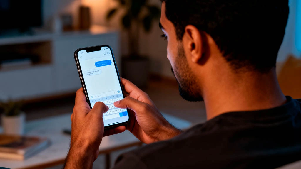 Middle Eastern man thinking about what to text after a webcam date the next day