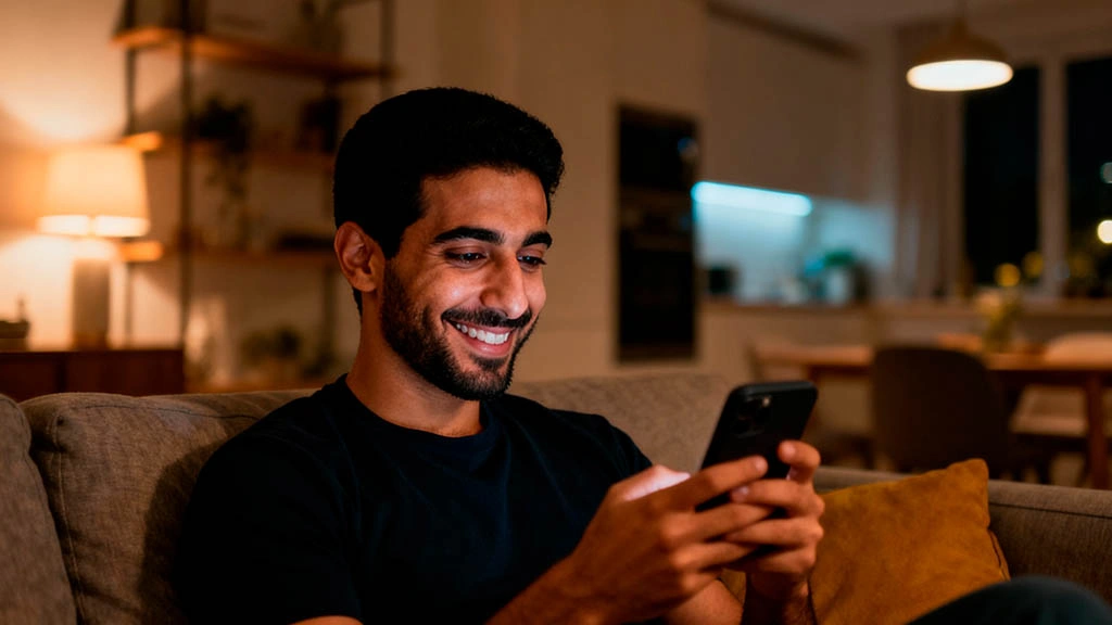 Middle Eastern man texting after a webcam date to plan a second call
