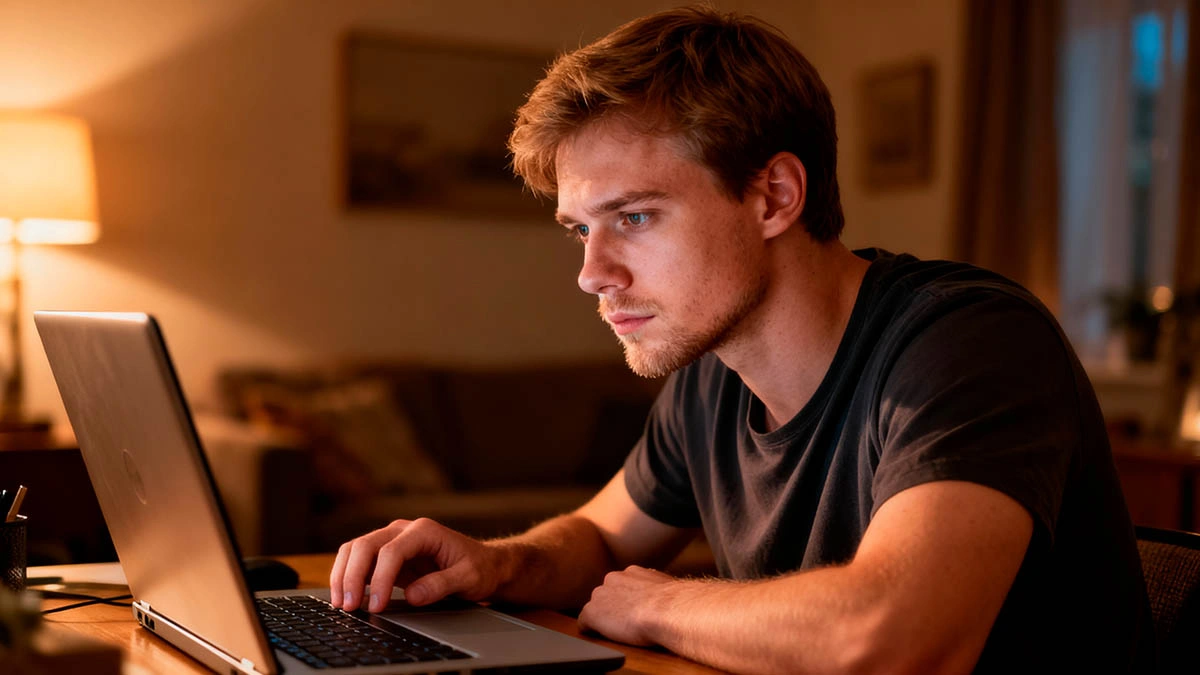 White Eastern European man thinking about webcam dating boundaries before oversharing personal details
