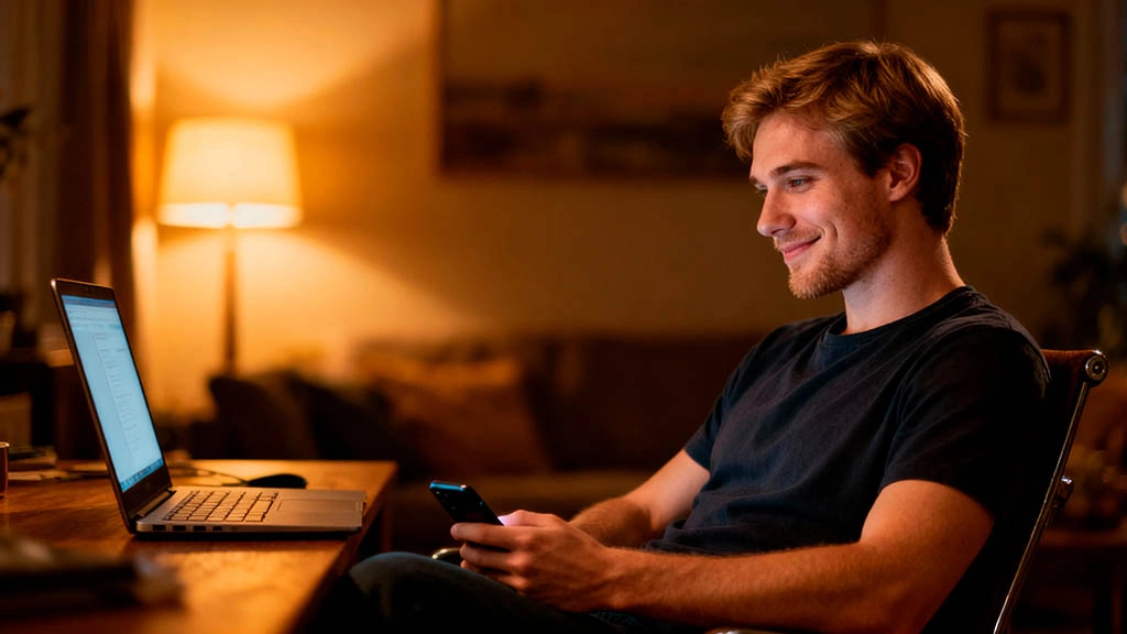 White Eastern European man feeling calm after keeping strong webcam dating boundaries on a video call