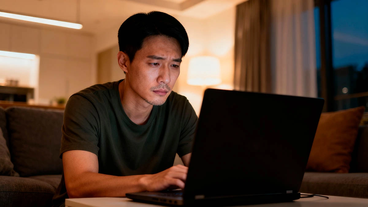 East Asian man learning how to avoid webcam dating burnout and stay excited for calls