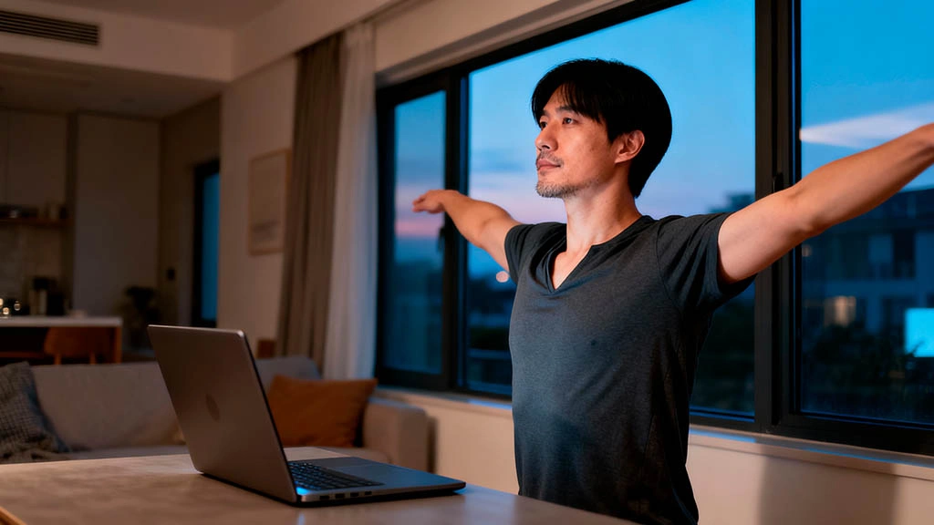 East Asian man using a short pre-call ritual to avoid webcam dating burnout