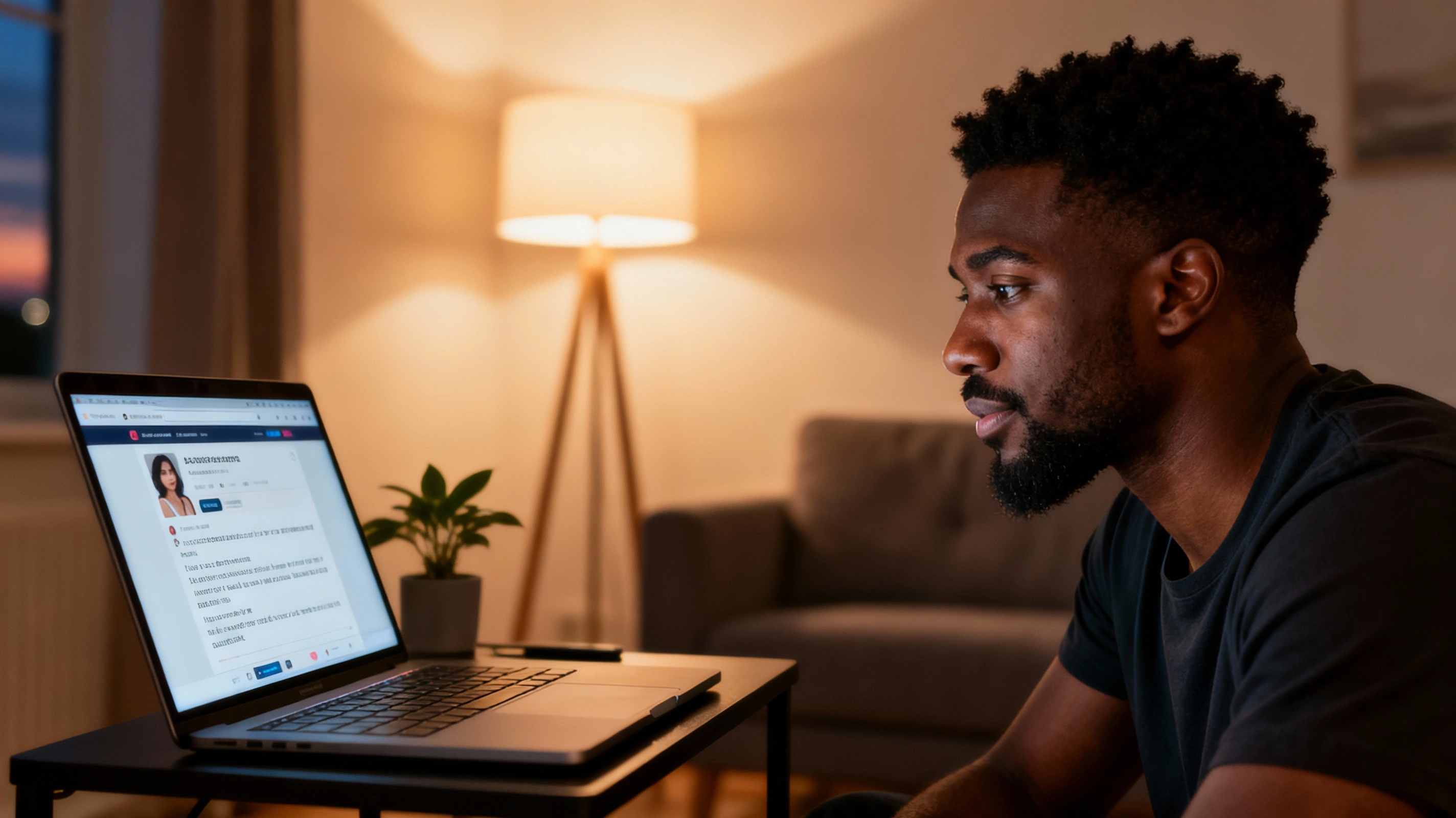 Black man reading CamDating profile bio examples on his laptop