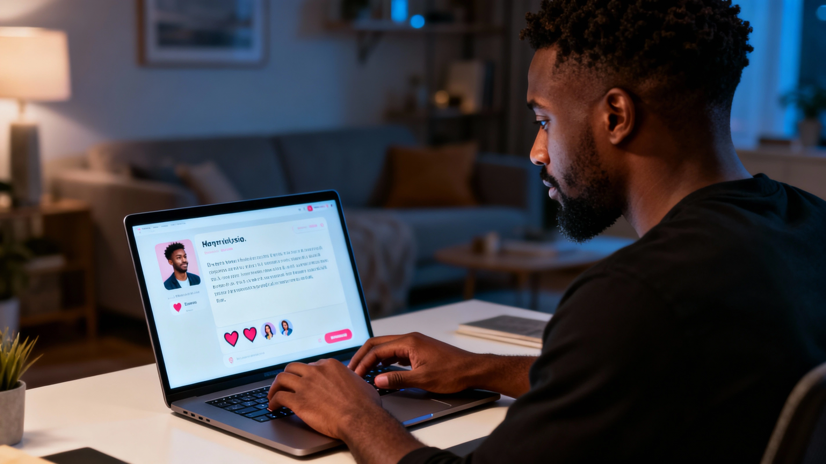 Black man editing his CamDating profile bio on a laptop at home