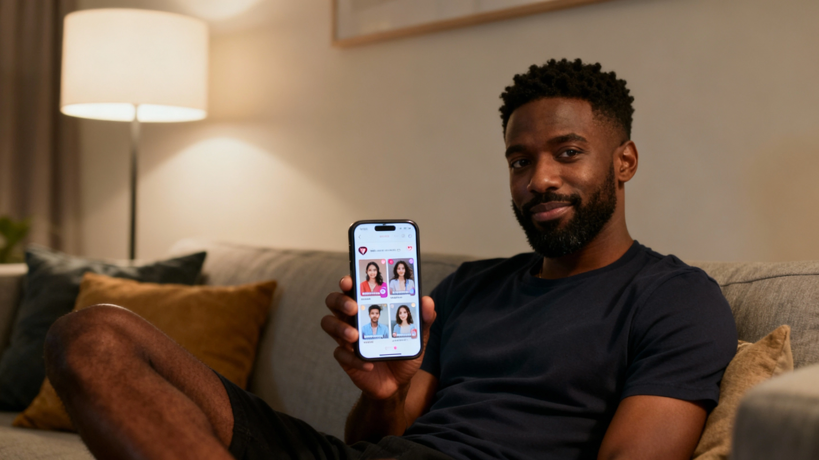 Black man checking matches after updating his CamDating profile bio