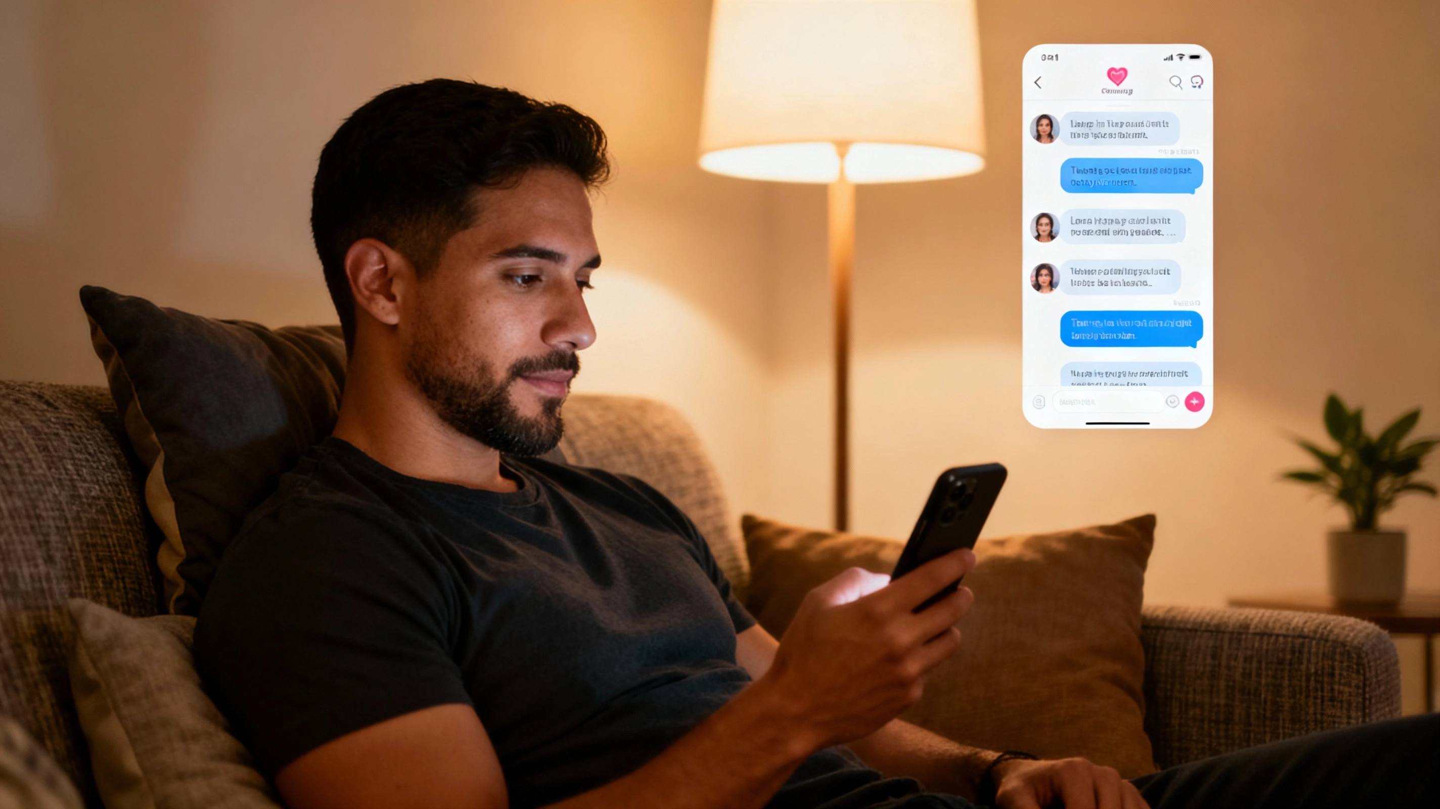 Latino man seeing the results of over texting before first date in his dating chat history