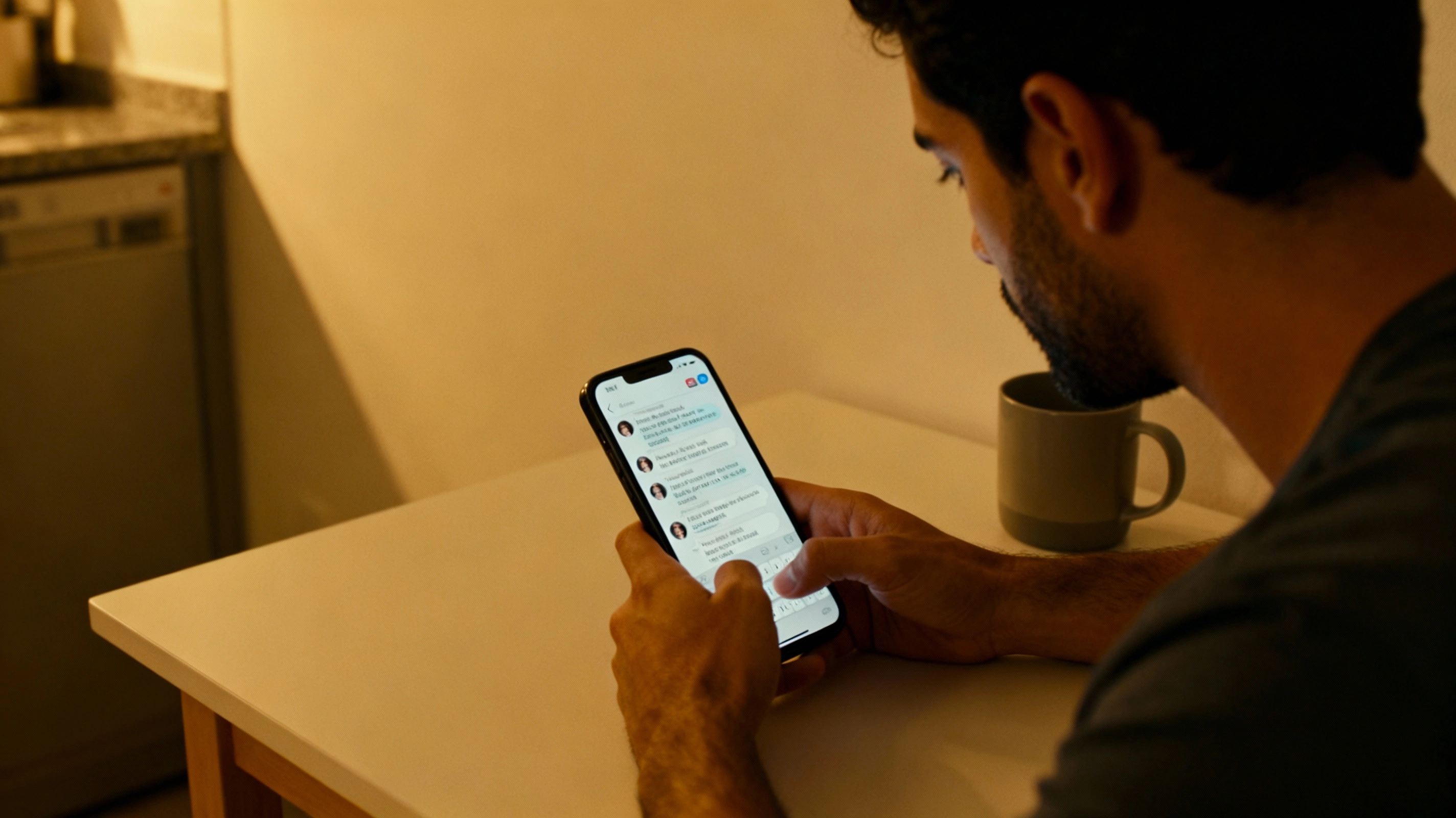 Latino man at a table typing long messages in a dating chat on his phone