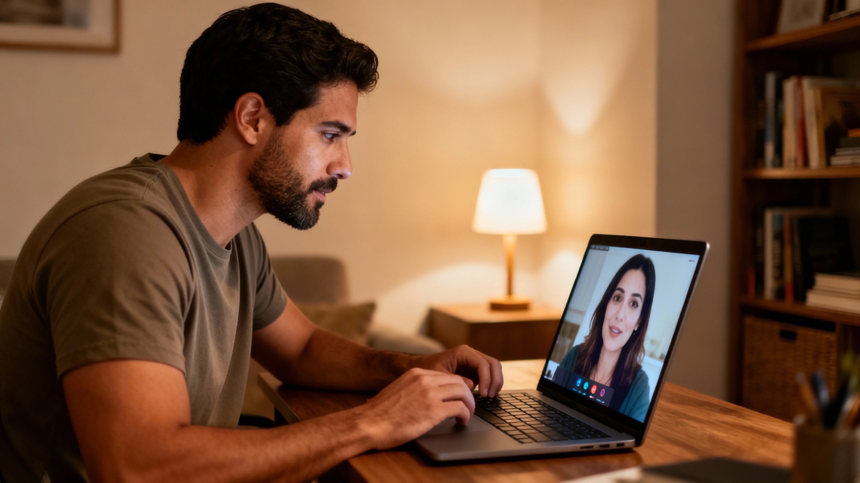 Latino man on a relaxed video call on his laptop after fixing his texting style