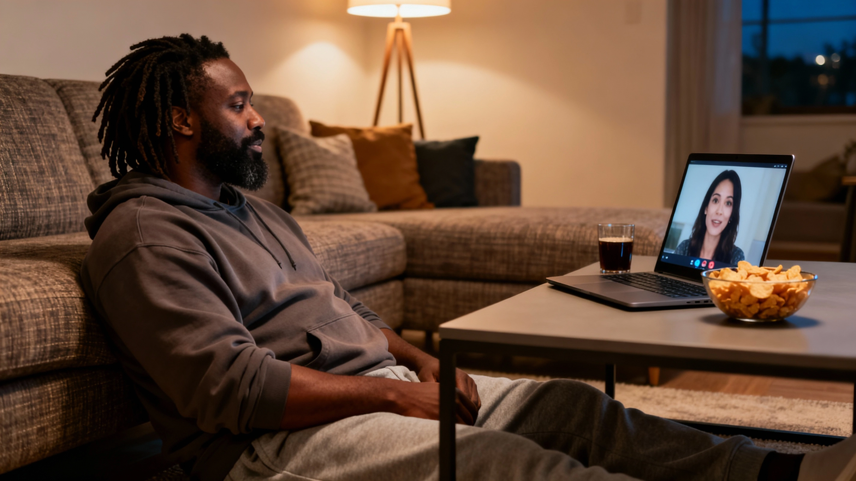 Black man enjoying low effort video date ideas on the floor at home with snacks