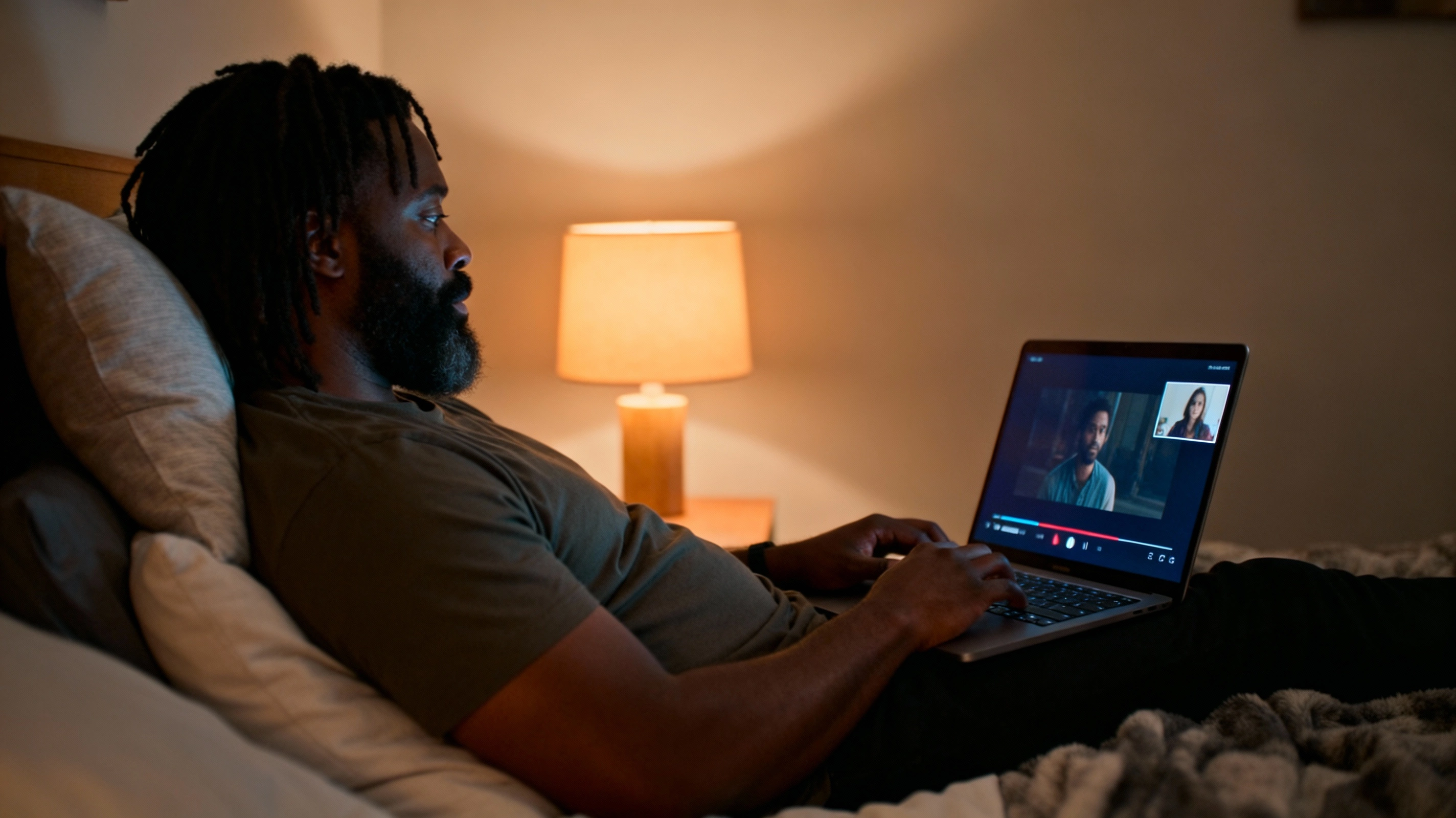 Black man watching a show together on a low effort video date in bed