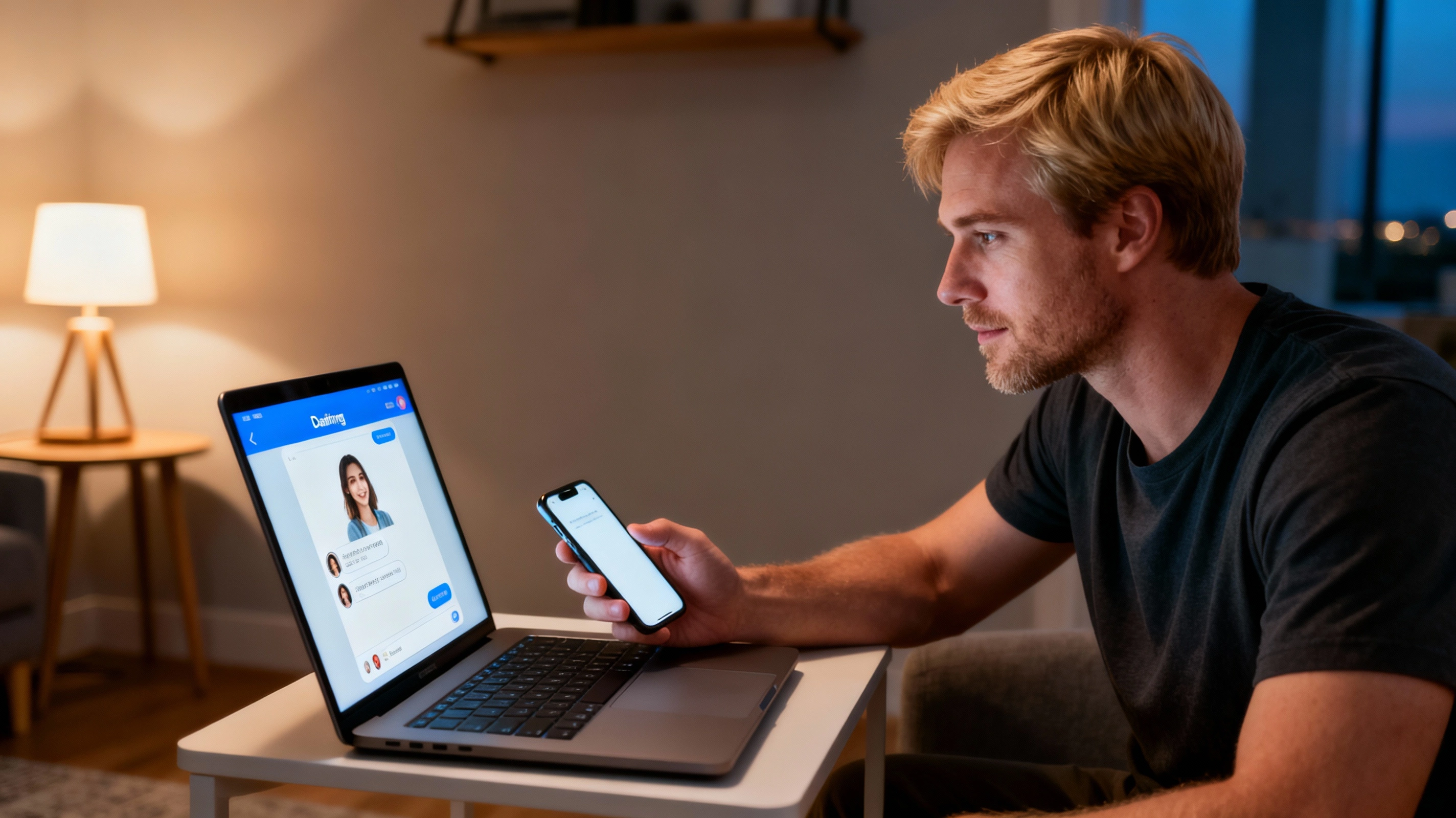 How to move from dating app to Instagram safely when you start on CamDating White blond man looking at his laptop while deciding how to move from dating app to Instagram safely