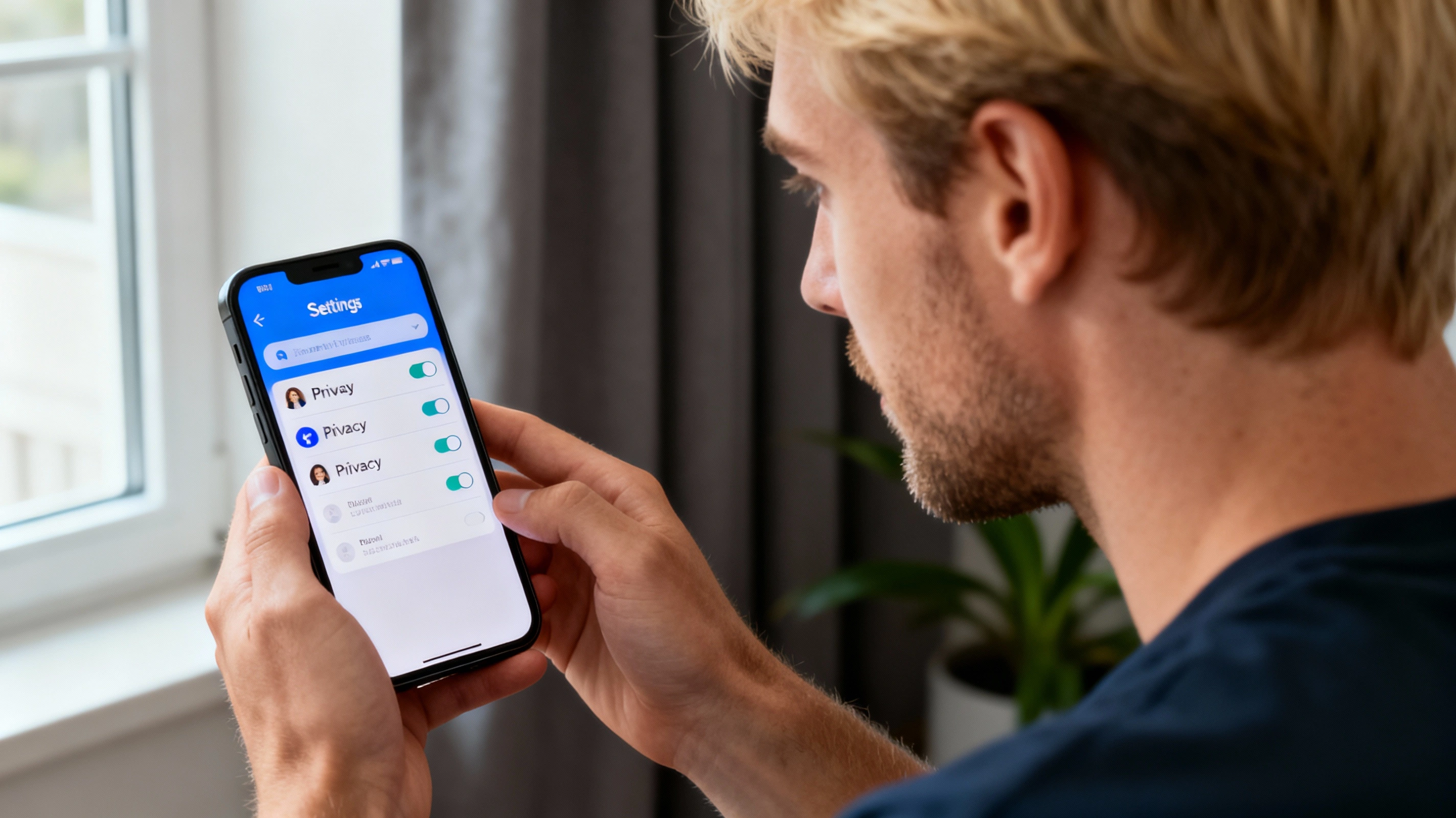 Checking privacy settings before sharing Instagram from a dating app White blond man checking privacy settings on his phone before sharing social media from a dating chat