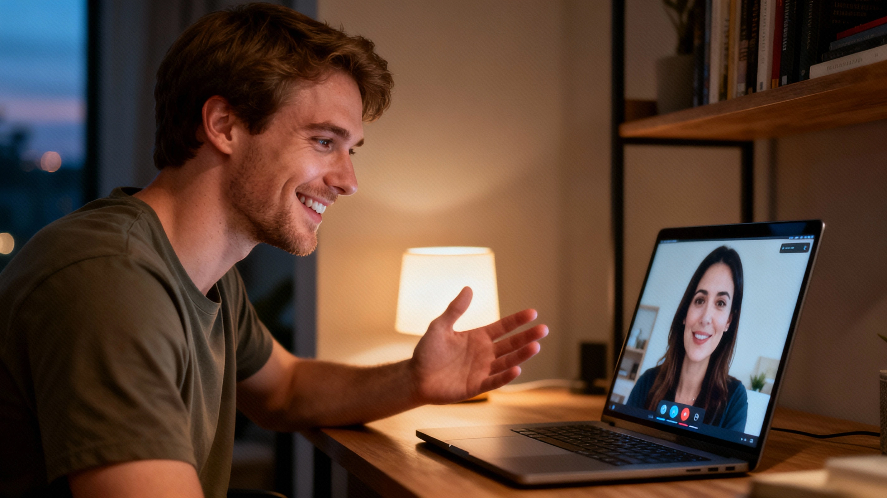 How to tell a playful story on video dates without rambling White man smiling while using storytelling on video dates at home