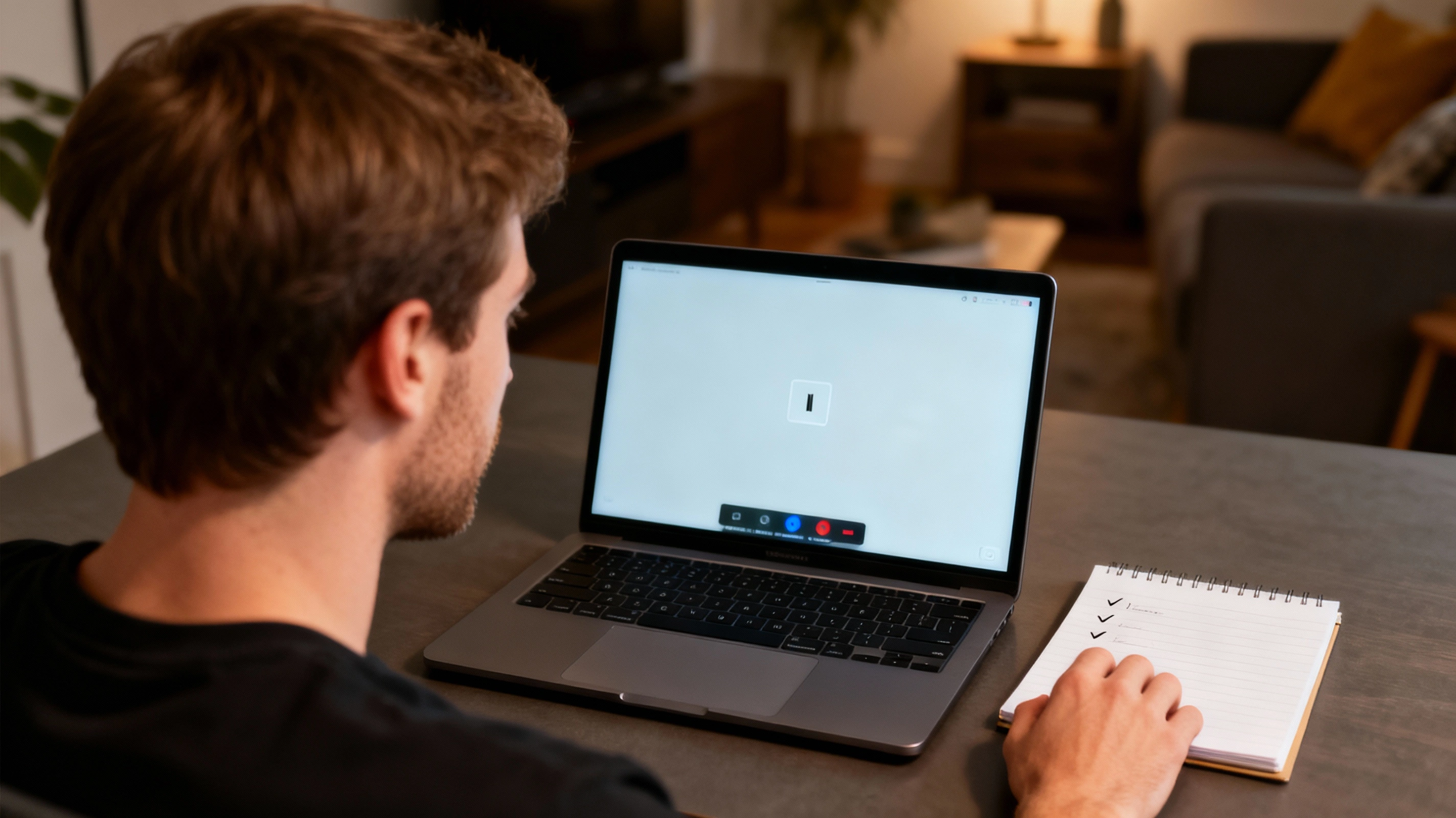 Using short notes to keep playful stories simple on a video date White man sitting at a desk and glancing at short story notes next to his laptop before a video date