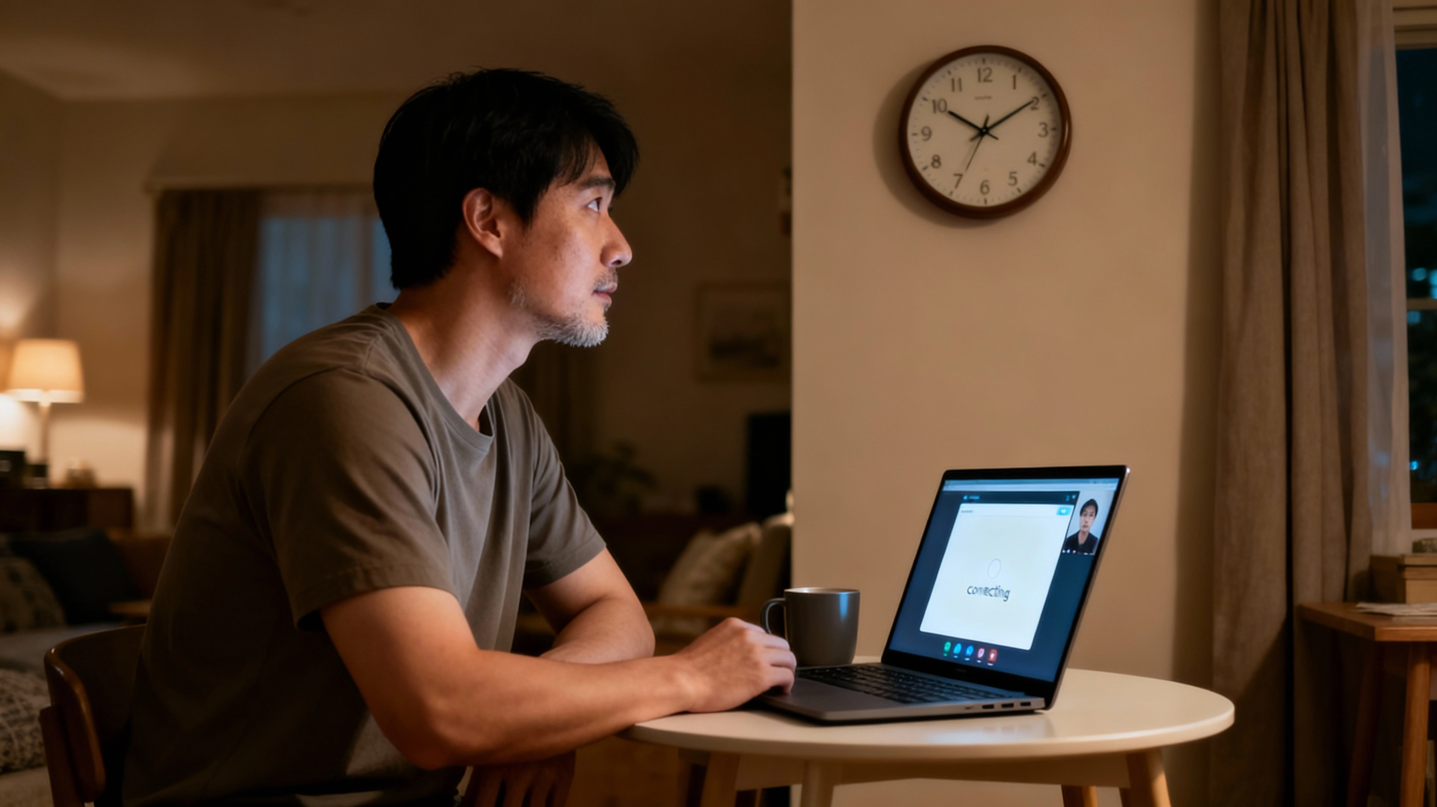 How to handle webcam dating rejection and no-shows like an adult East Asian man sitting alone at his desk after webcam dating rejection and a no-show