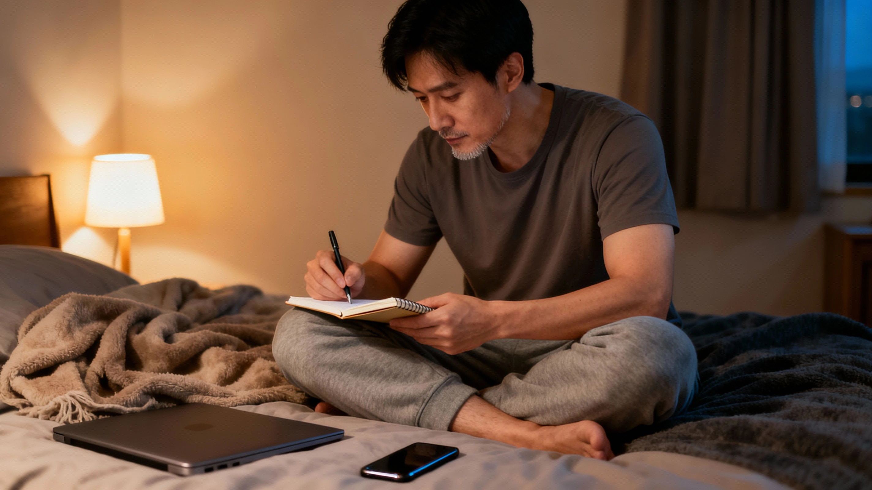 Writing reflections after webcam dating rejection at home East Asian man sitting on his bed at night with a notebook and closed laptop after a webcam date no-show
