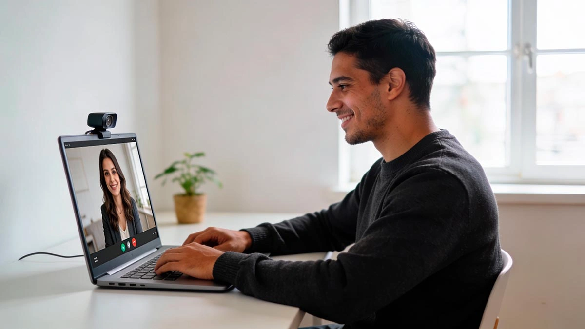 compliment a woman on a video call without sounding weird: man smiling at laptop webcam