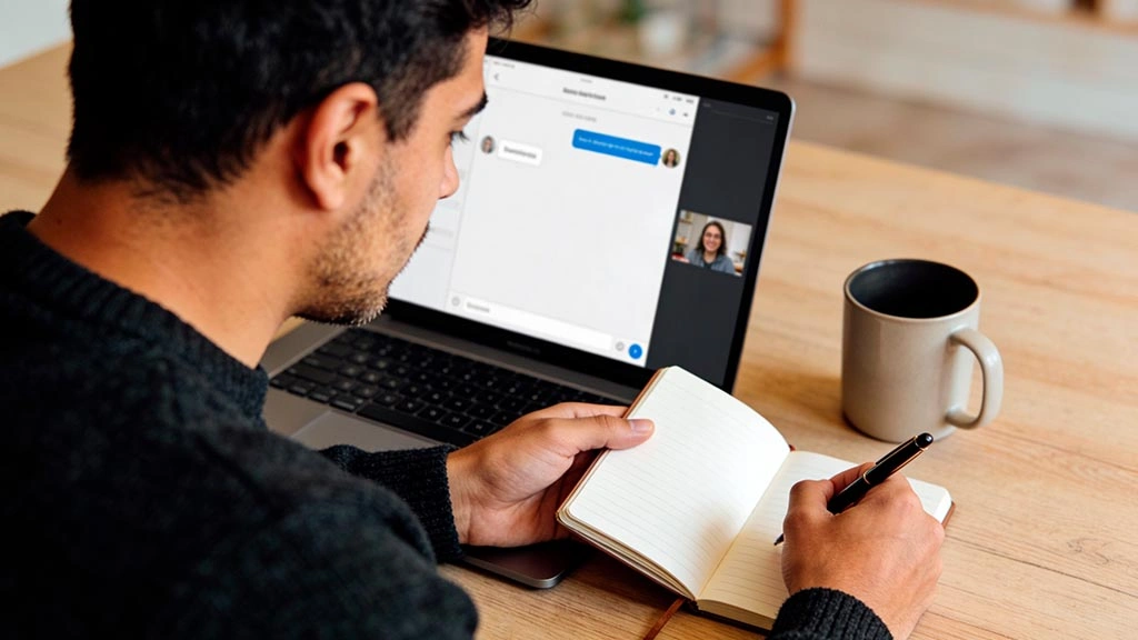 Man jotting down specific compliment ideas before a video call