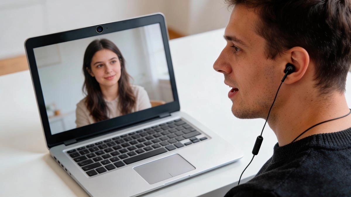video call audio tips for dates: man plugging in wired earbuds and checking laptop mic settings