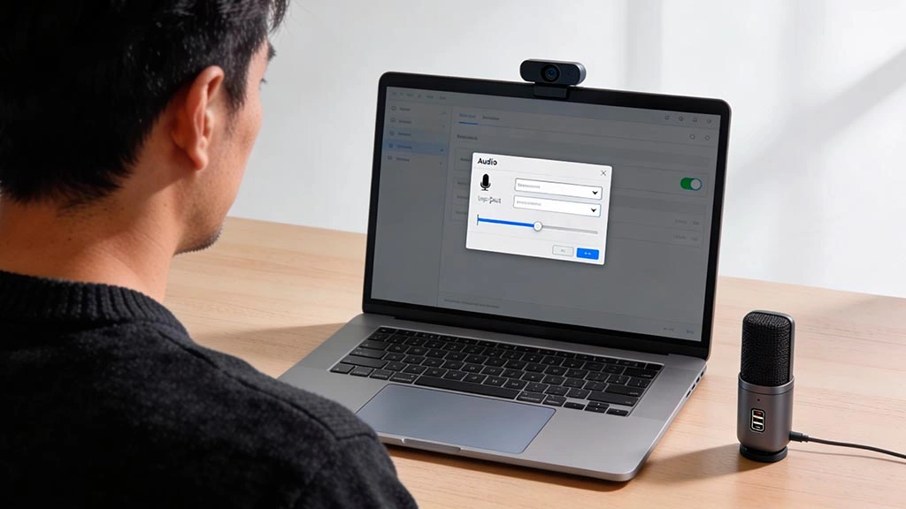 video call audio tips: laptop audio input selected with a small USB microphone on the desk