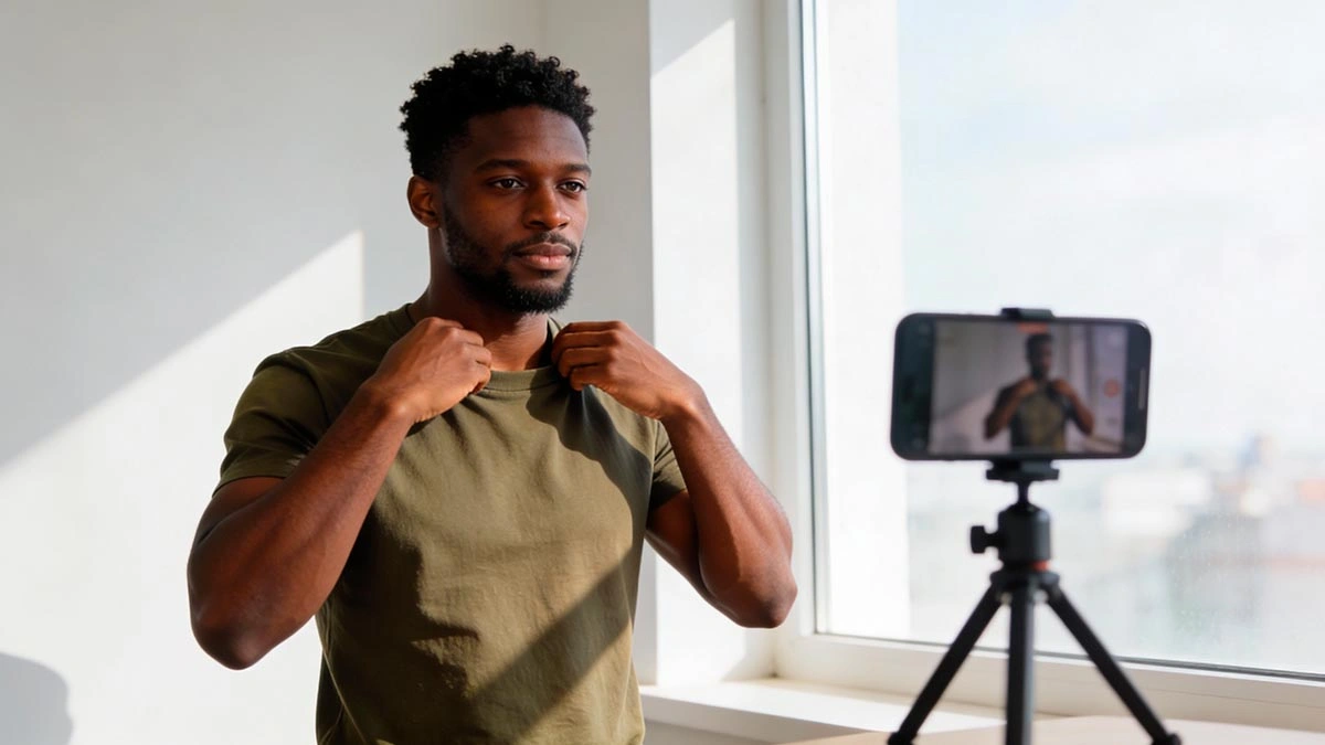 dating profile trust signals: man taking a natural profile photo with a phone on tripod near a window