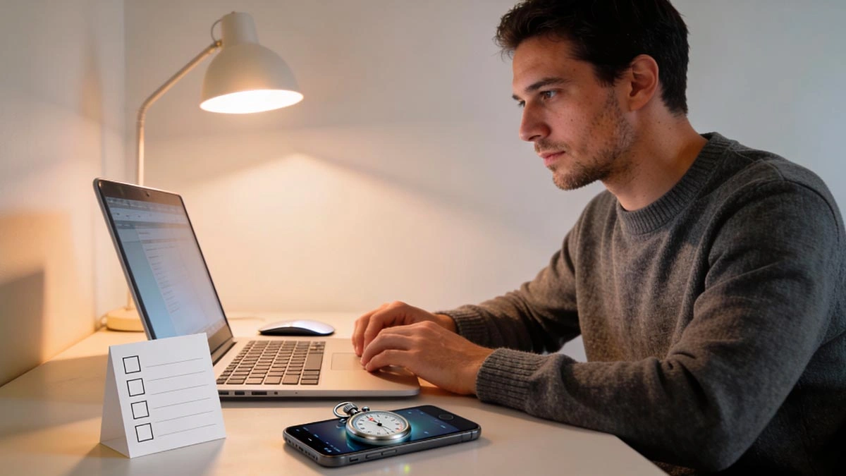 video date conversation mistakes: man on a video call with a blank checklist card and a stopwatch on the desk