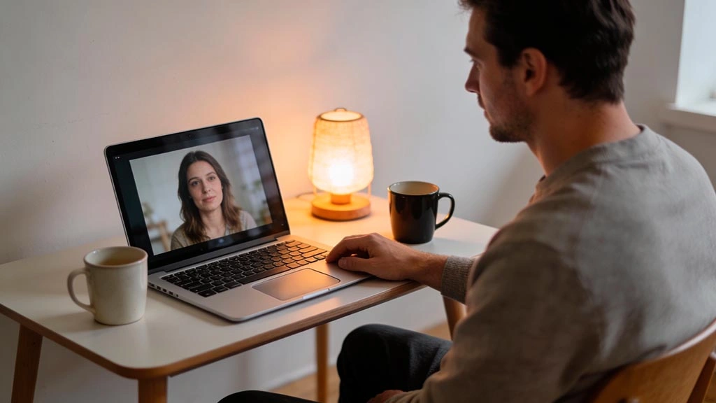 video date conversation mistakes: relaxed video call setup with two mugs and a warm lamp suggesting a softer vibe