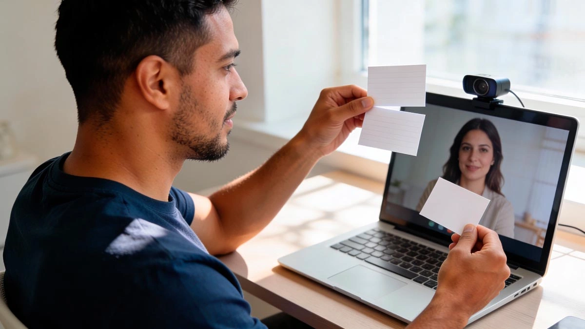 two truths and a lie video date: latino man on a video call holding three small blank index cards, one card turned face down