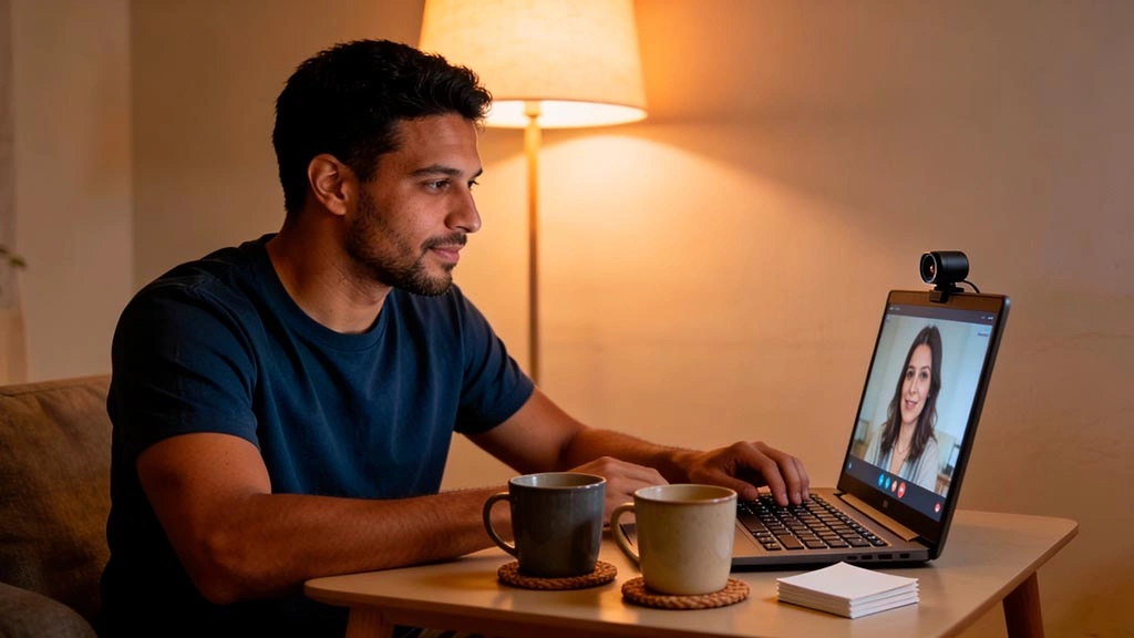two truths and a lie video date: relaxed video date setup with two drinks, warm lamp, and a small playful smile during a call