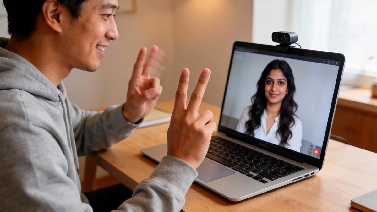 deepfake video call scam: man doing a simple live-gesture verification on a laptop video call