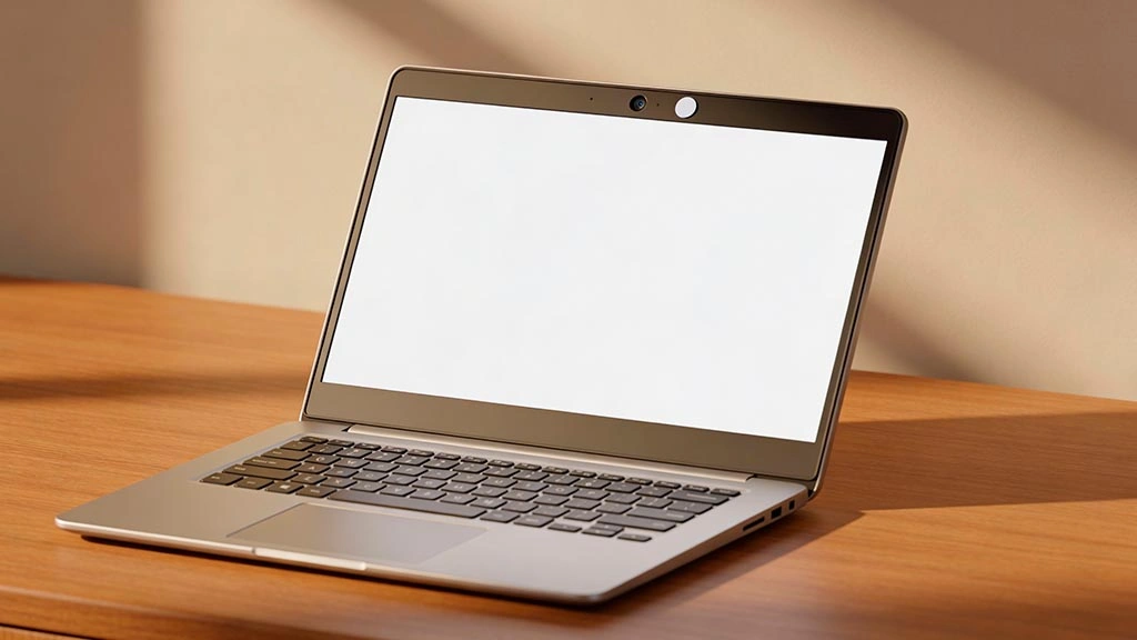 eye contact on webcam: laptop raised on books with a small matte tape square beside the webcam lens