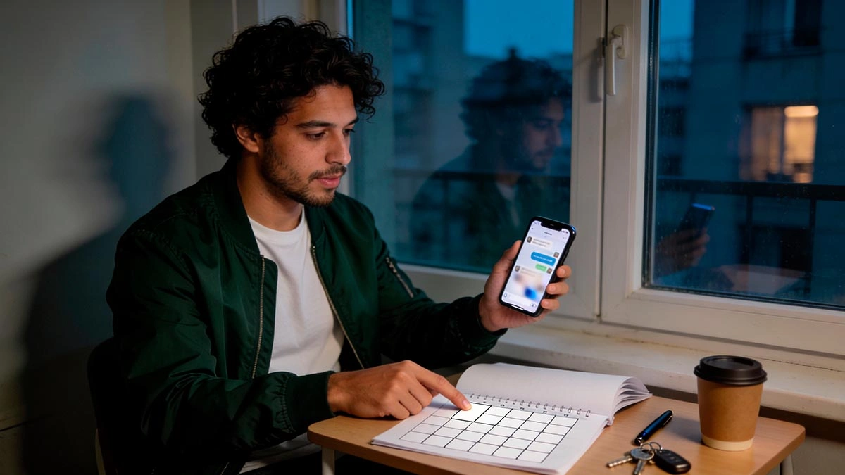 when to meet in person after online dating: man deciding whether to ask her out with phone chat and calendar on desk