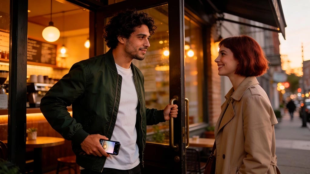 when to meet in person after online dating: man heading to a casual coffee meetup after chatting online